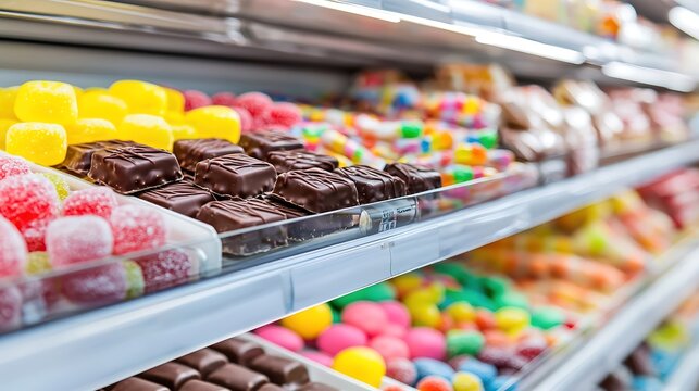 A grocery store candy aisle with chocolates and gummies, playful and fun advertising style, copy space
