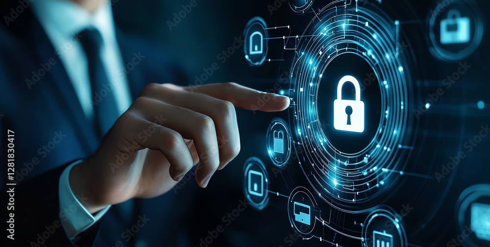 Poster businessman interacting with virtual security interface, showcasing digital lock symbols and technol