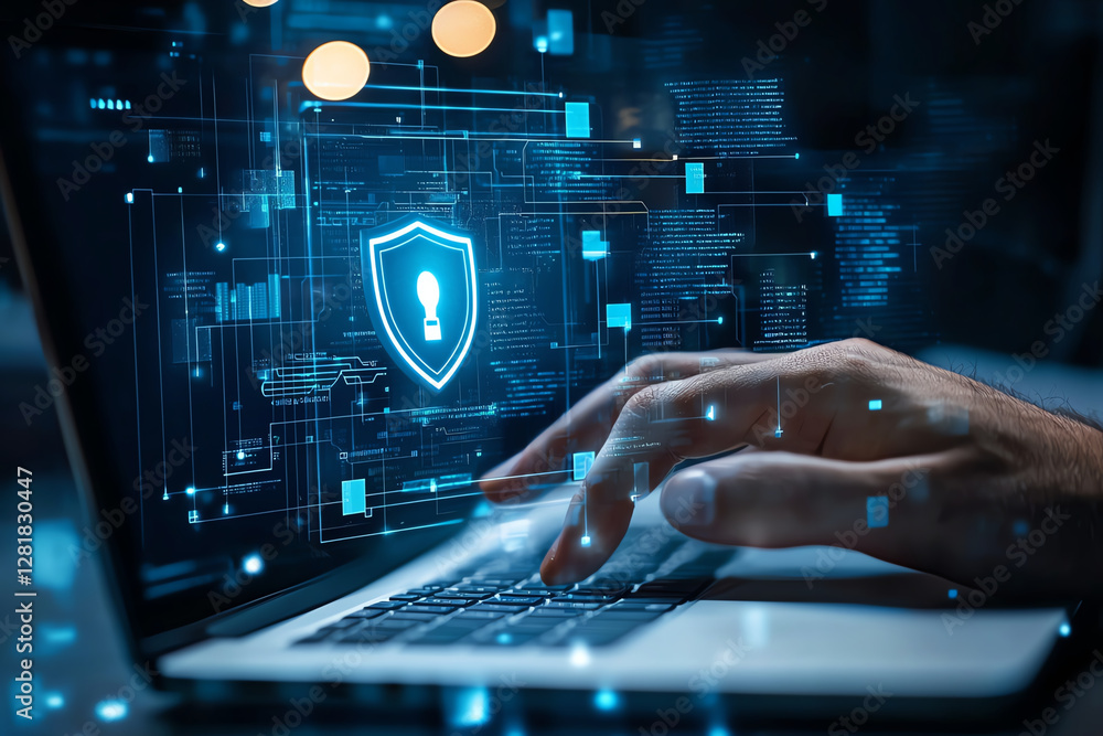 Poster businessman using laptop with digital shield icon, representing cybersecurity and data protection. i