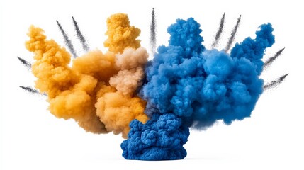 Naklejka premium Colorful smoke explosion with orange and blue clouds on white background