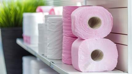 Grocery store paper goods aisle with toilet paper and paper towels, practical and clean advertising style, copy space