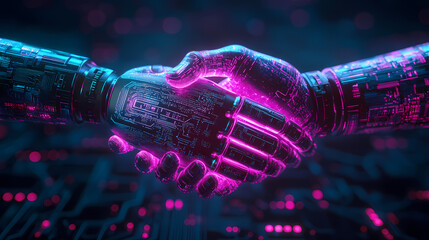 Futuristic Robot and Human Handshake with Circuit Board Texture and Neon Blue-Purple Lighting in Cinematic Cybernetic Theme