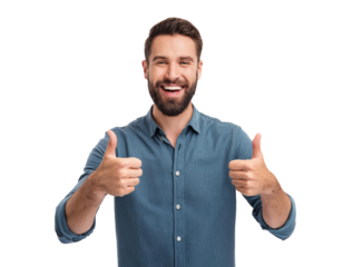 Lachender Mann mit erhobenem Daumen, isoliert auf weißem Hintergrund, Freisteller 