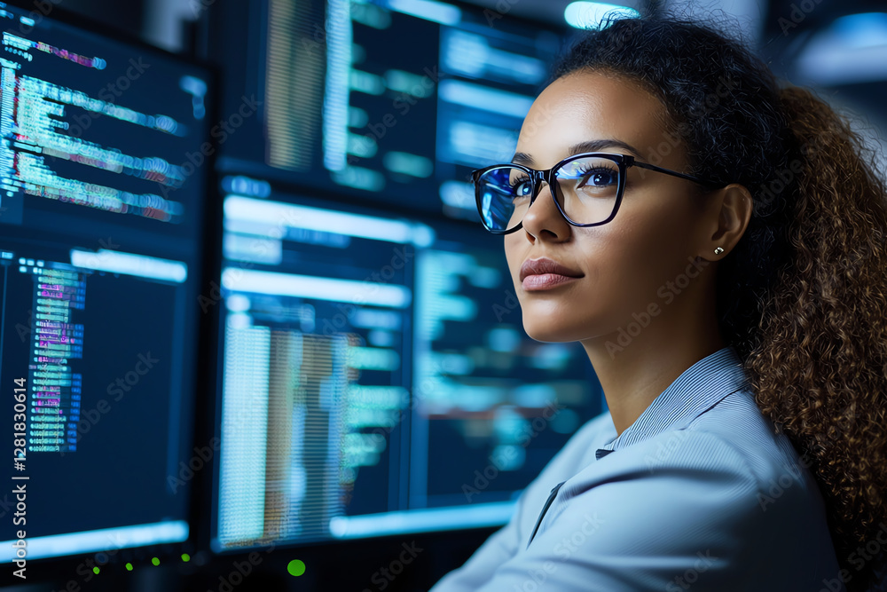 Aufkleber focused woman with curly hair and glasses works in dark room surrounded by multiple computer screens