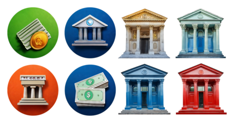 Colorful Bank Symbols with Cash and Currency in Circular Design, isolated on transparent background