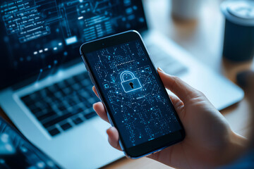 woman holds smartphone displaying digital lock symbol, representing cybersecurity. background features laptop and abstract data patterns, conveying tech savvy environment