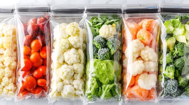 Grocery store frozen vegetable section with clear plastic bags, fresh and healthy advertising style, copy space