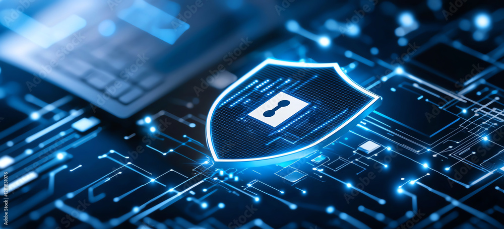 Poster digital shield symbolizing cybersecurity on circuit board background, representing protection and te