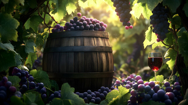 Sunlit vineyard harvest: grapes, wine barrel, and glass in lush foliage