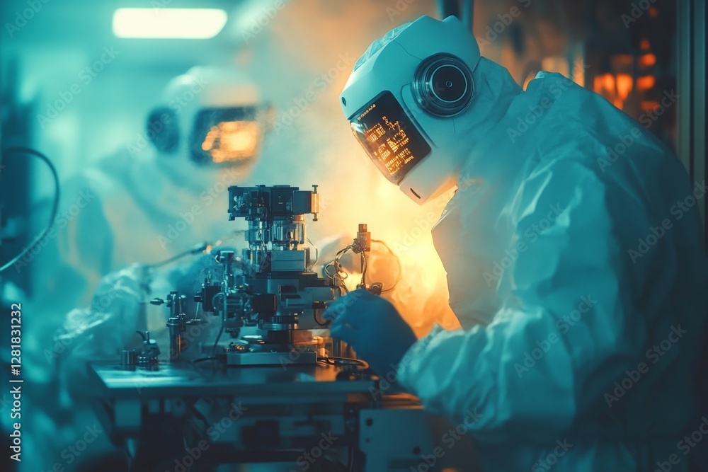 Poster advanced robotics and scientists conducting experiments in a high-tech laboratory environment