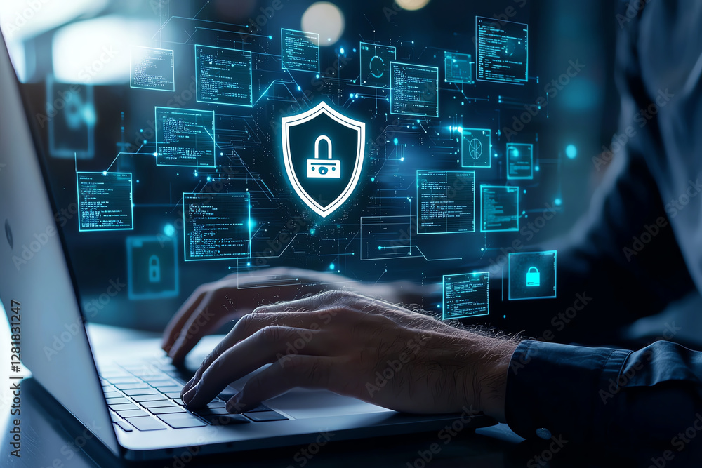 Poster man types on his laptop with digital security shield overlay, symbolizing cybersecurity and data pro