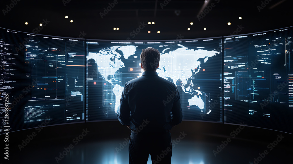 Poster man stands in front of large curved screen displaying world map and data analytics, immersed in high
