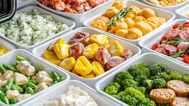 Grocery store frozen dinner section with microwave meals, convenient and easy advertising style, copy space
