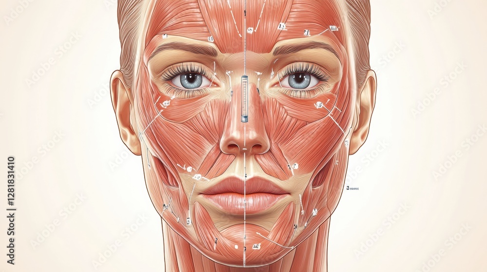 Poster marked botox injection points on female face anatomy for cosmetic procedures illustrated with detail