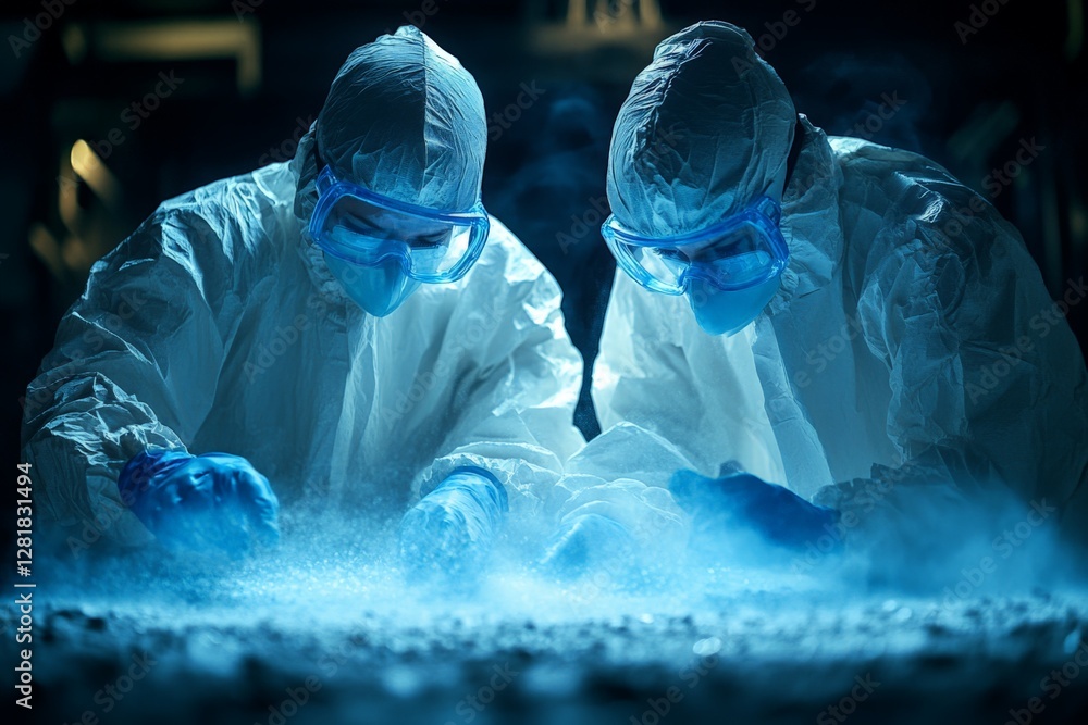 Poster scientists conduct research in protective gear, focusing on analysis in a controlled laboratory sett