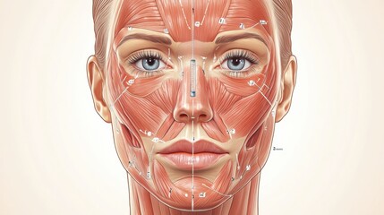 Marked Botox injection points on female face anatomy for cosmetic procedures illustrated with detailed precision. Generative AI