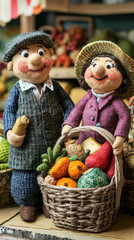 Fototapeta premium Handcrafted Figurines of an Elderly Couple at a Market with Baskets of Fresh Vegetables, Showcasing Nostalgia, Craftsmanship, and Traditional Charm