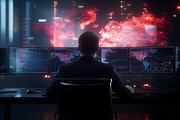 man sits at desk in front of multiple computer screens displaying data and maps, immersed in high tech environment. atmosphere is intense and focused