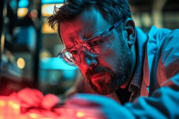 Scientist examines glowing samples in a laboratory setting during nighttime research session