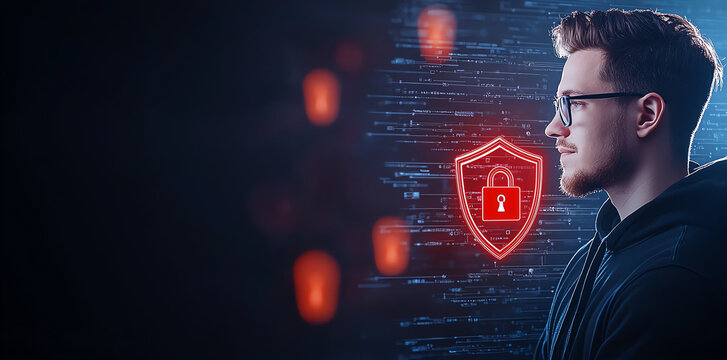 man in black hoodie with glasses stands beside digital shield symbolizing cybersecurity. background features glowing data streams, creating tech savvy atmosphere