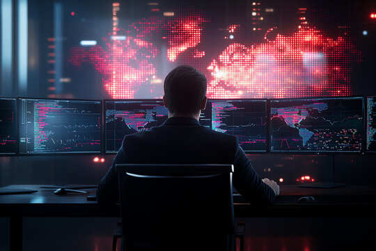 man sits at desk in front of multiple computer screens displaying data and maps, immersed in high tech environment. atmosphere is intense and focused