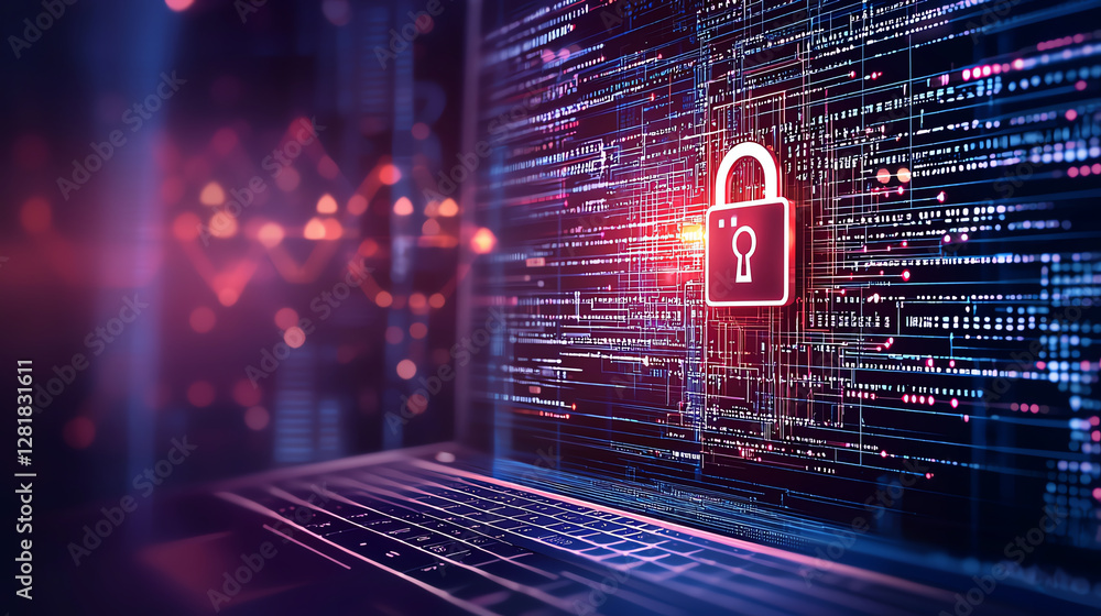 Poster laptop displaying digital padlock icon on screen symbolizes cybersecurity and data protection. vibra