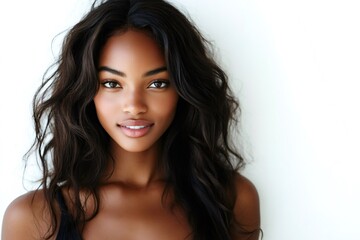 Beautiful black woman with long, wavy hair posing on white background