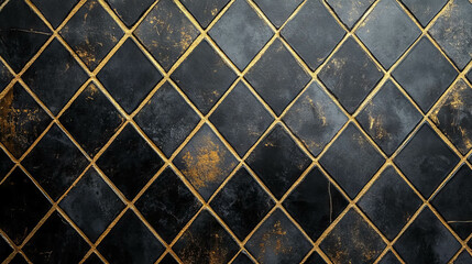 Luxurious black diamond tile pattern with gold grout texture for interior design