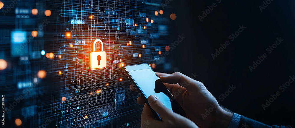 Poster person using smartphone in front of digital lock symbol, representing cybersecurity and data protect
