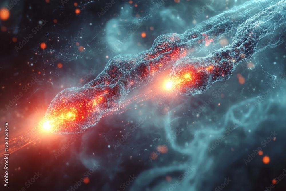 Poster particles moving through a colorful cosmic environment in a dynamic scientific visualization of ener