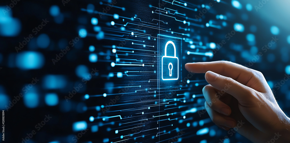 Poster hand reaching towards digital padlock icon on virtual background, symbolizing cybersecurity and data