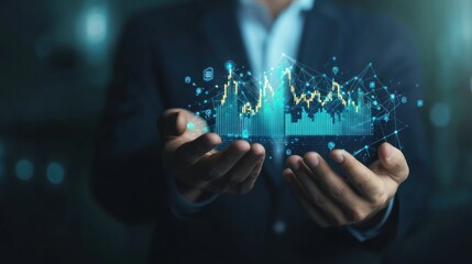 Digital Business Growth:  Hands Holding a Holographic Stock Market Graph Illustrating Financial Success and Technological Advancement.