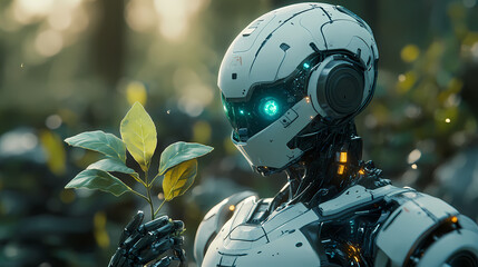 Humanoid Robot Holding Plant Seedling in Soft Green Lighting Symbolizing Harmony Between Technology and Nature