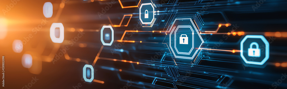 Poster digital background featuring glowing locks and circuitry, symbolizing cybersecurity and data protect