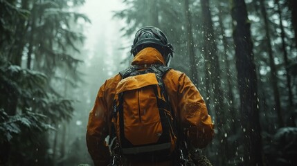 Naklejka premium Dressed in bright safety gear, an arborist stands amidst tall trees in a misty forest, carefully assessing the area while rain falls around him. The scene highlights the importance of tree care.