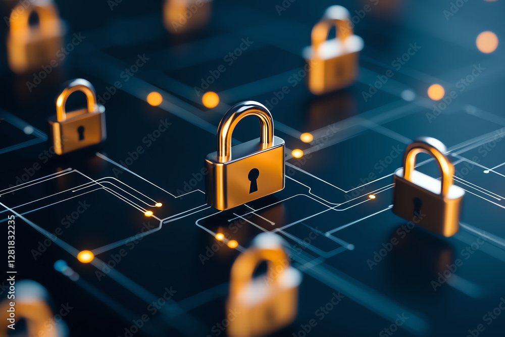 Aufkleber digital locks on network, symbolizing security and protection in technology. image features intercon