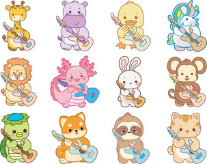 Set Vector Stock Illustrations Isolated of Baby Animals.
Cute animals with various activities.
Funny sticker of animal kids.