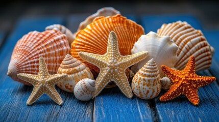 Seashells starfish ocean wood background summer