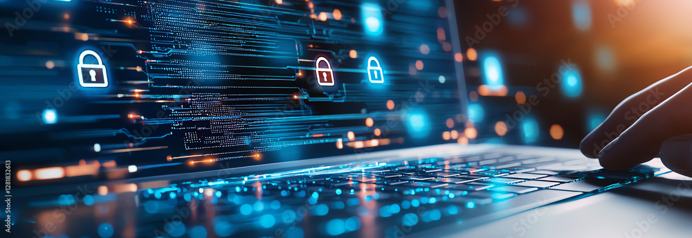 Poster laptop displaying digital security interface with lock icons, symbolizing cybersecurity and data pro