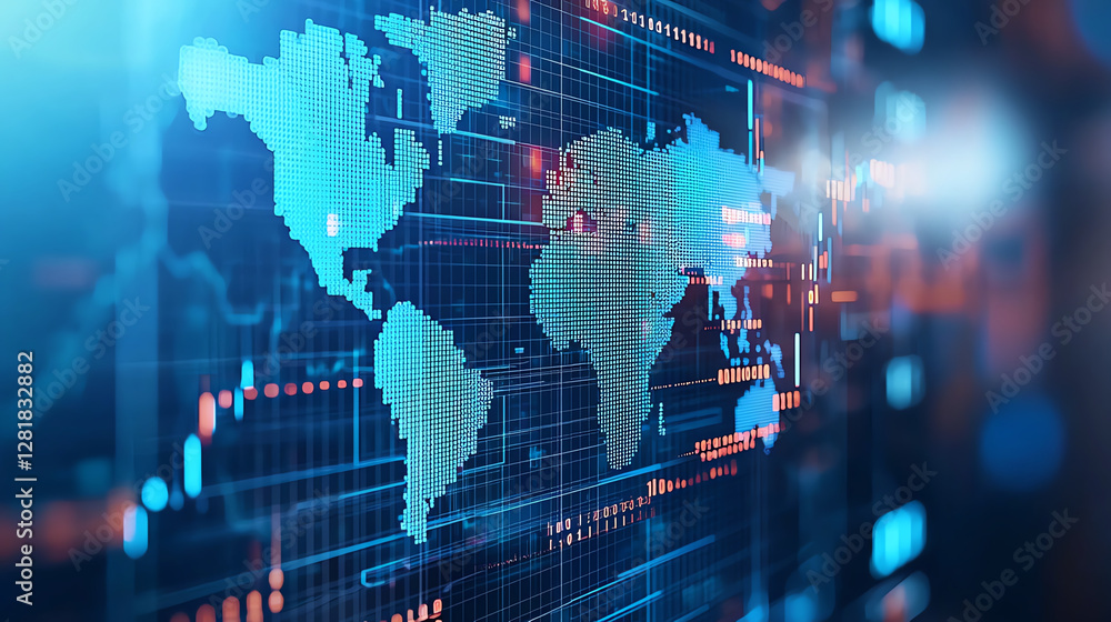Poster digital world map with data visualization elements, showcasing global connectivity and technology. b