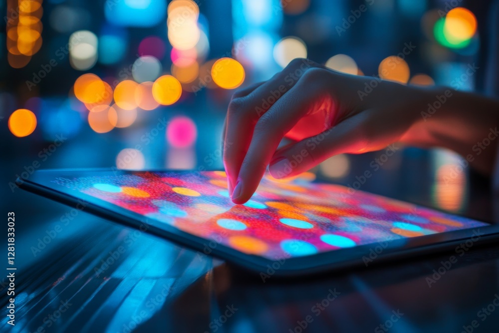 Poster hand interacting with a colorful touchscreen display at night in a vibrant urban setting