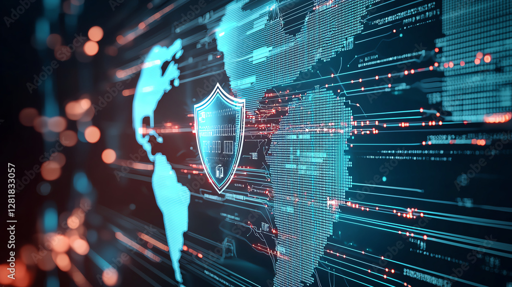 Poster abstract digital world map with cybersecurity shield, glowing lines, and data connections, represent