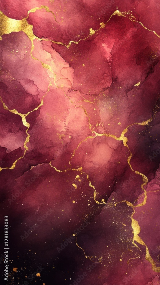 Aufkleber elegant ruby watercolor texture with golden veins and particles creating a luxurious and captivating
