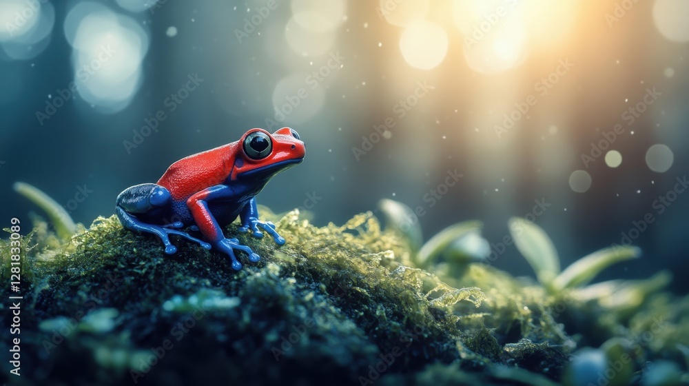 Poster captivating red and blue poison dart frog perched on mossy terrain with bokeh lights in a rainforest