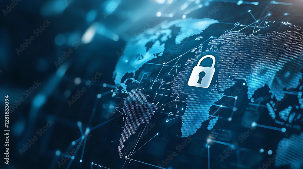 Poster digital world map with padlock symbol representing cybersecurity and data protection. image conveys 
