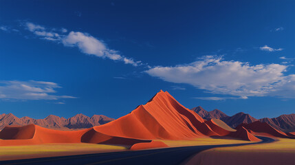 Naklejka premium Desert's Embrace: A panoramic view of a desert landscape unfolds under a clear blue sky dotted with delicate clouds. The warm, earthy tones of the sand dunes contrast with the vivid sky.