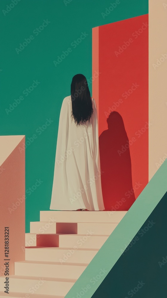 Poster ascending stairs with a figure in flowing garment abstract setting minimalist art indoor back view c