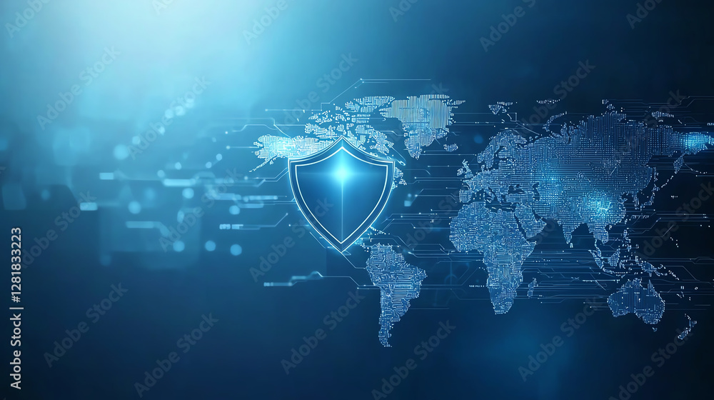 Aufkleber digital shield on world map background, symbolizing cybersecurity and protection. blue tones create 