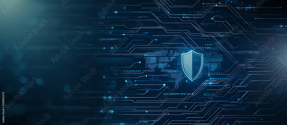 Poster digital background featuring blue shield symbolizing security, with intricate circuit patterns and g