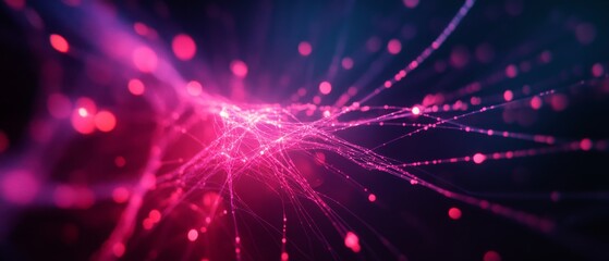 Vibrant pink and purple streams of light elegantly intertwine against a dark background, representing the beauty and complexity of digital networks.